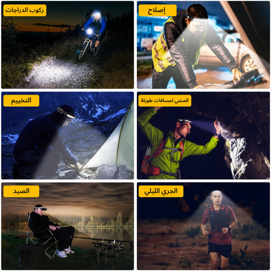 مصباح رأس LED قابل للشحن بإضاءة 230° ومستشعر حركة